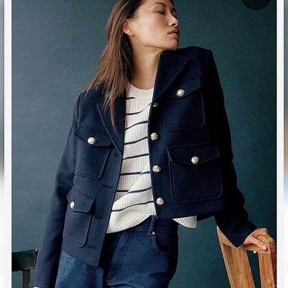 New Zara Cropped Gold Button Front Navy Jacket Blogger Fav NWT Small 3046/086 - Picture 1 of 16